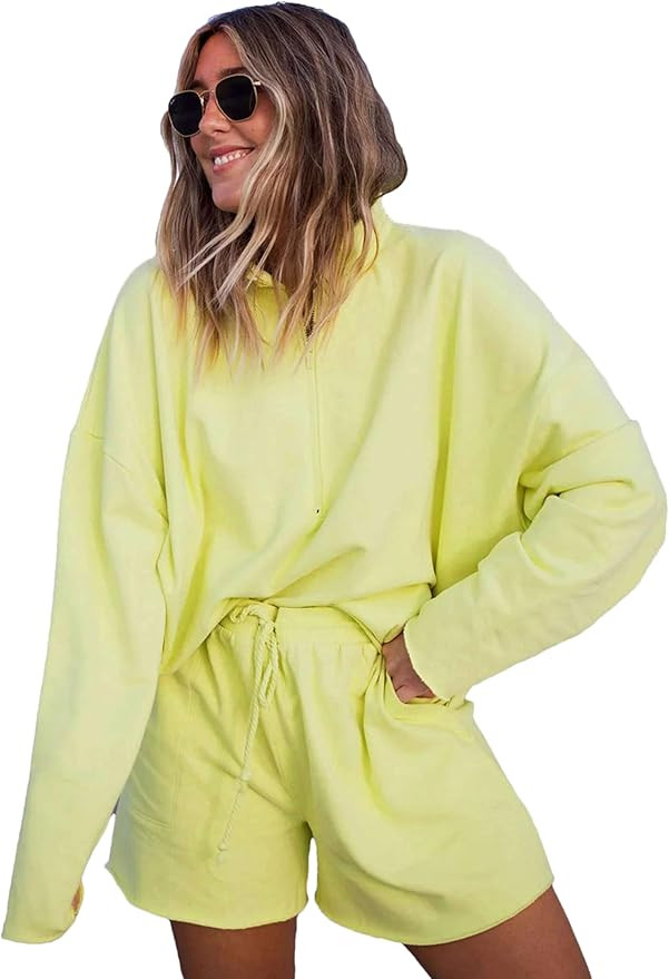 Bozanly Women's 2 Piece Outfits Casual Quarter Zip Long Sleeve Pullover and Drawstring Shorts Lou... | Amazon (US)