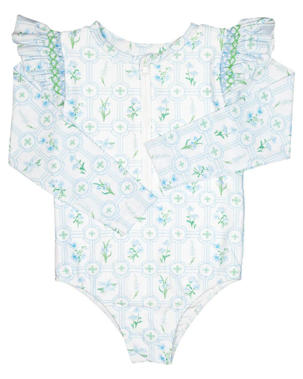 Floral Lattice Smocked Long Sleeved Rash Guard One Piece | Smockingbird Kids