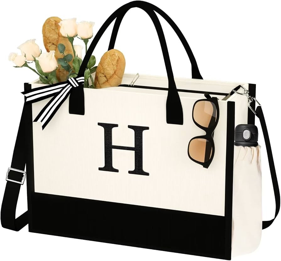 QLOVEA Canvas Beach Tote Bag for Women 16oz Personalized Tote Bag with Shoulder Strap&Zipper&Pock... | Amazon (US)