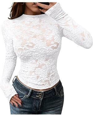 BTFBM Mesh Long Sleeve Tops For Women Sexy Lace Sheer,Crew Neck See Through Tight Shirts,Party Cl... | Amazon (US)