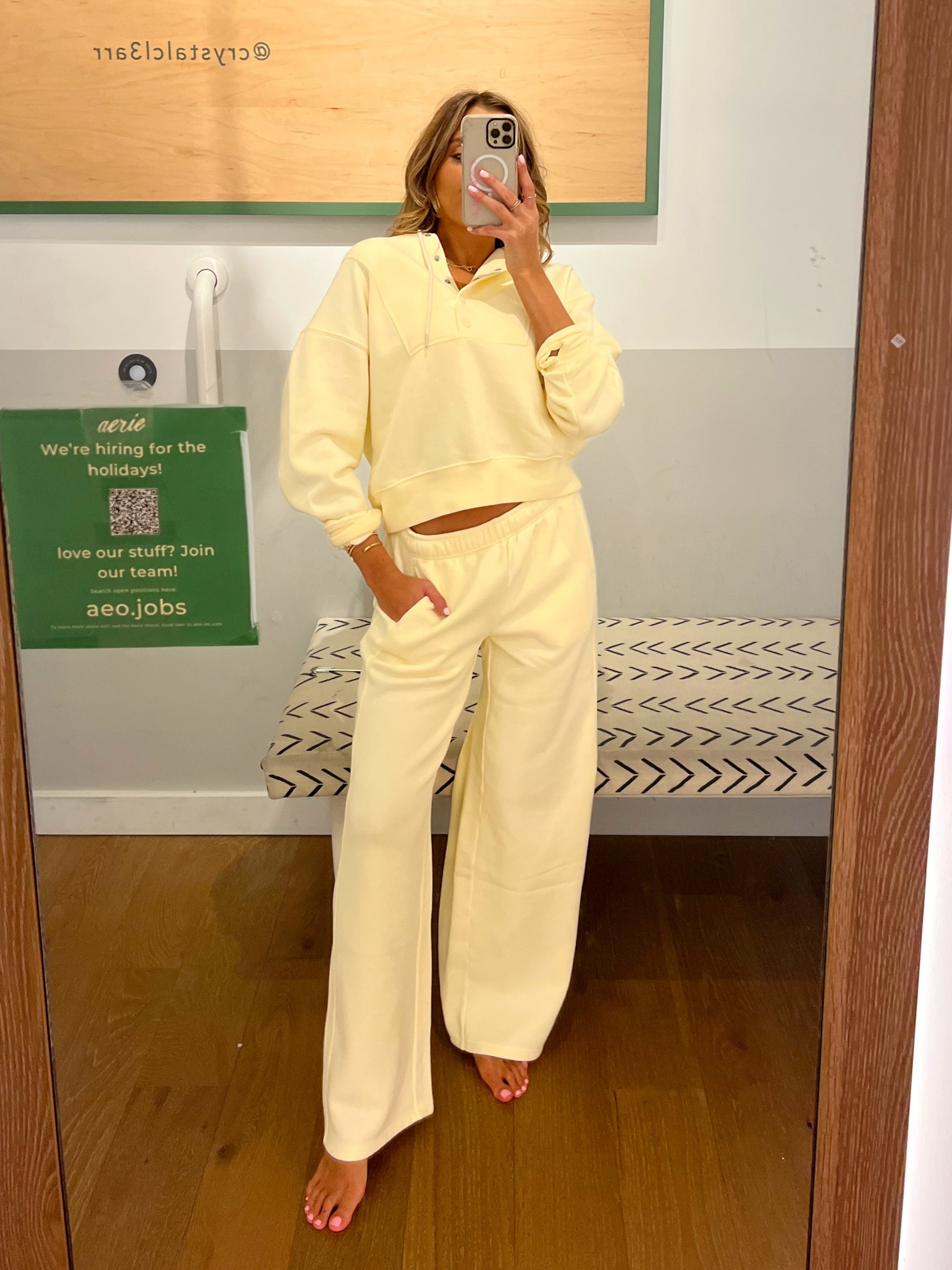 Aerie in store try on haul. wearing a size XS in this new butter yellow sweat set 🍋