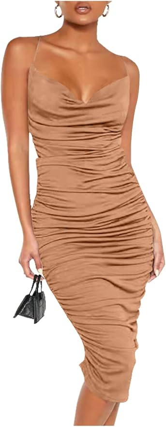 L'VOW Women's Sexy Ruched Sweetheart Bodycon Spaghetti Strap Open Back Formal Midi Club Dress | Amazon (US)