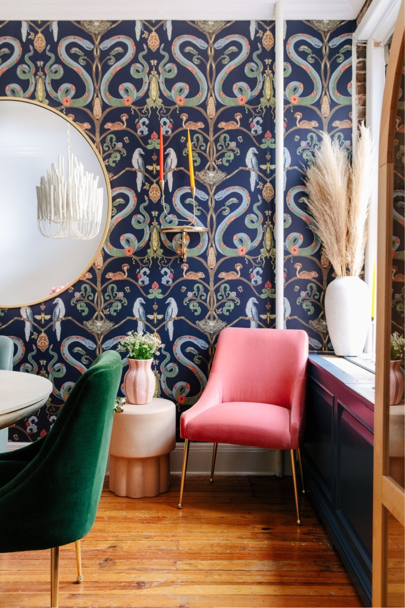 Dining room corner styling pink dining room chairs colorful wallpaper for kitchen 

#LTKhome