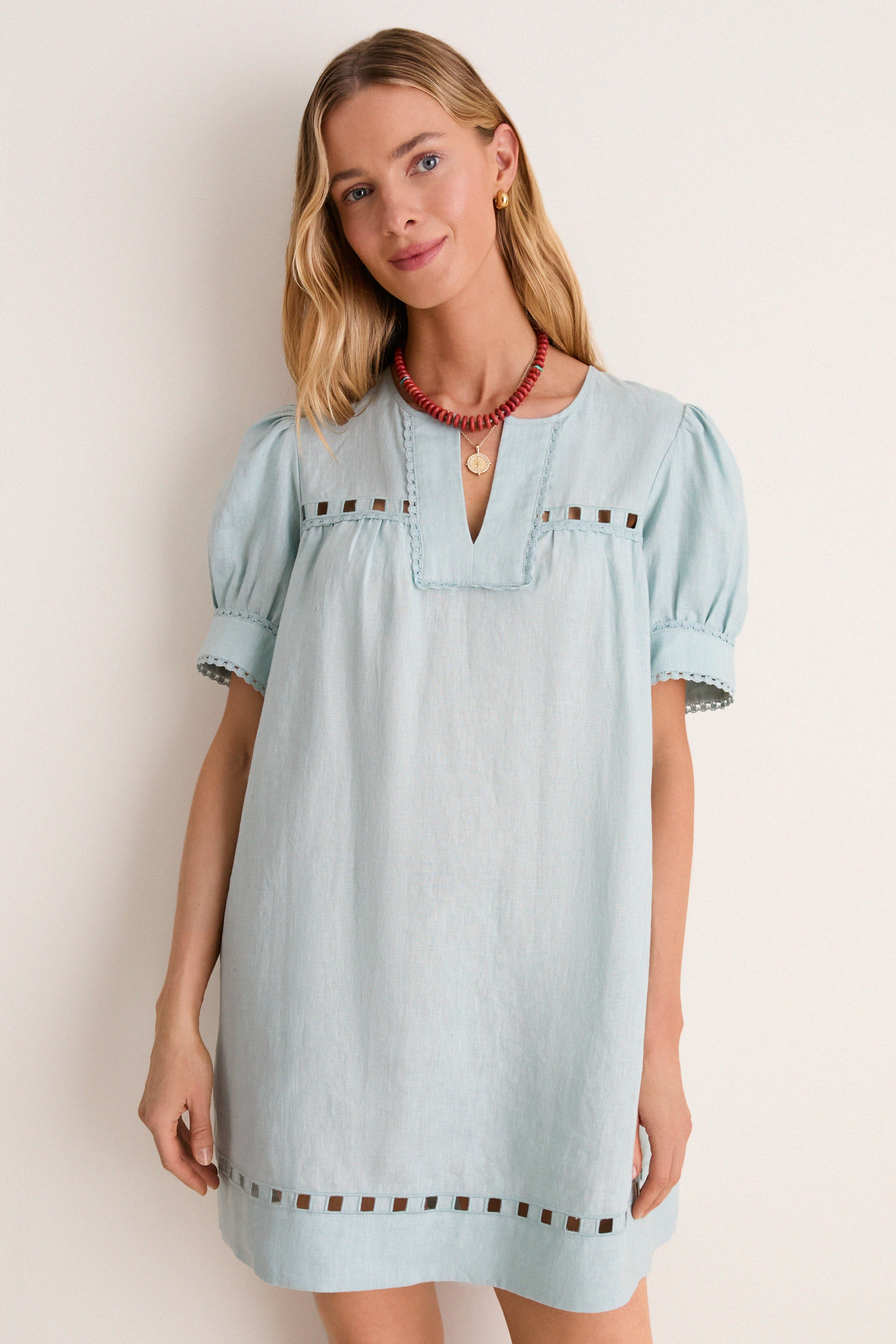 Mediterranean Mist Eyelet Linen Bridget Mini Dress | Tuckernuck (US)