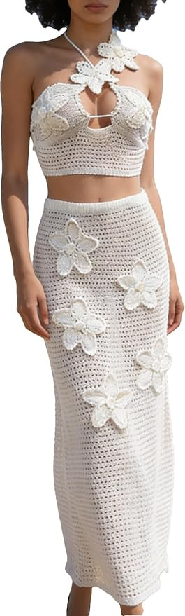 RanRui Women's Halter 3D Flower Knitted Hollow Out Beach Dress balckless Open Back Swimsuit Cover... | Amazon (US)