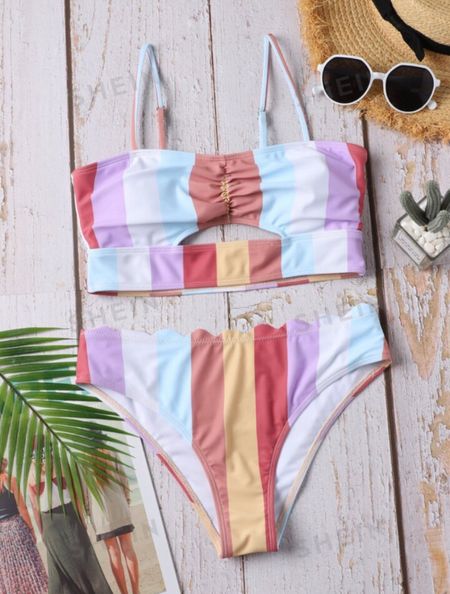Currently sitting poolside in this colorful striped two-piece / bikini swimsuit. The scalloped detail on the bottoms is sooo good!

For quality, I give it a 6/10, but it’s $12 soooooo I give it 👍🏻👍🏻!

(FYI the colors are summer, not soft autumn)