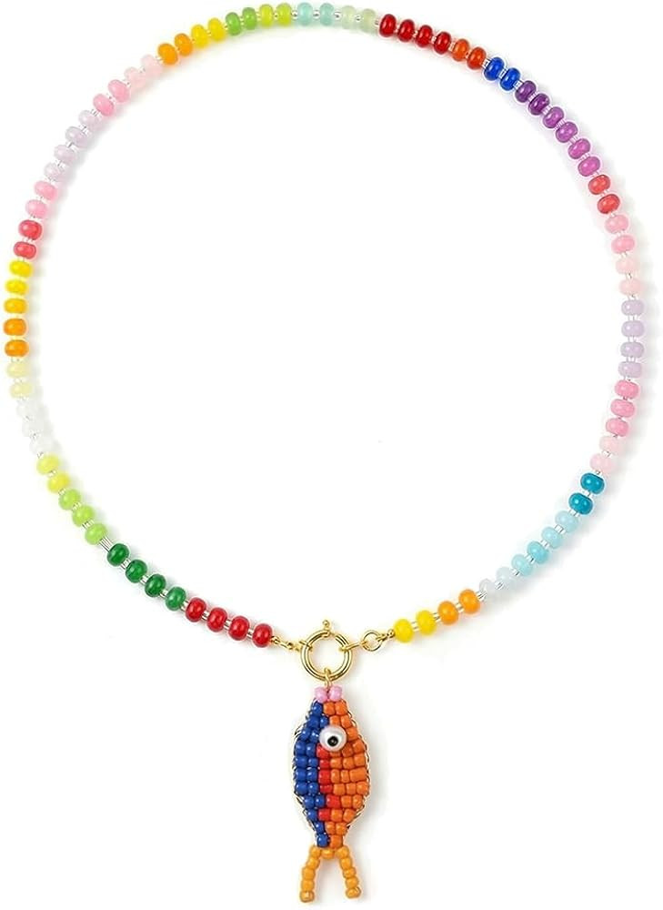 Pez Del Sol Necklace For Women, Boho Chunky Colorful Beaded Chain With Glass Rice Beads Fish Char... | Amazon (US)