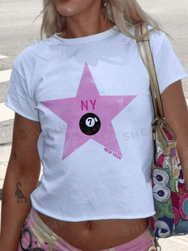 SHEIN EZwear Casual Pink Star And Number 7 Pattern White Round Neck Short Sleeve Slim Fit Women's... | SHEIN