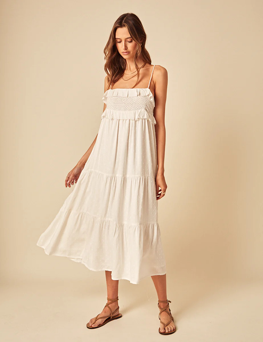 White Embroidered Tiered Florian Midi Dress | Nobody's Child