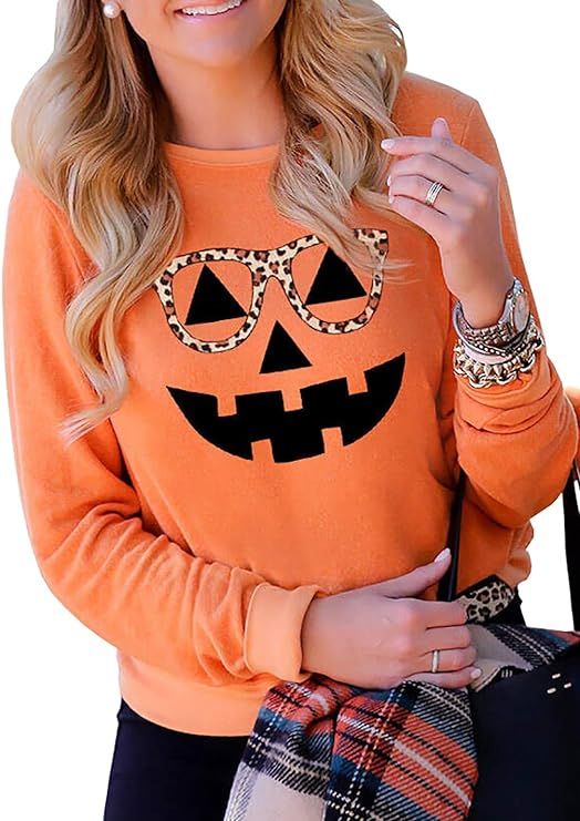 Halloween Pumpkin Leopard Glasses Sweatshirt for Women Long Sleeve Splicing Tshirt Casual Pullove... | Amazon (US)