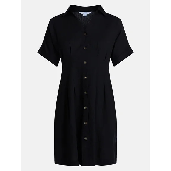 Time and Tru Women's Linen Pleated Waist Fit And Flare Mini Shirt Dress, Sizes XS-XXXL | Walmart (US)