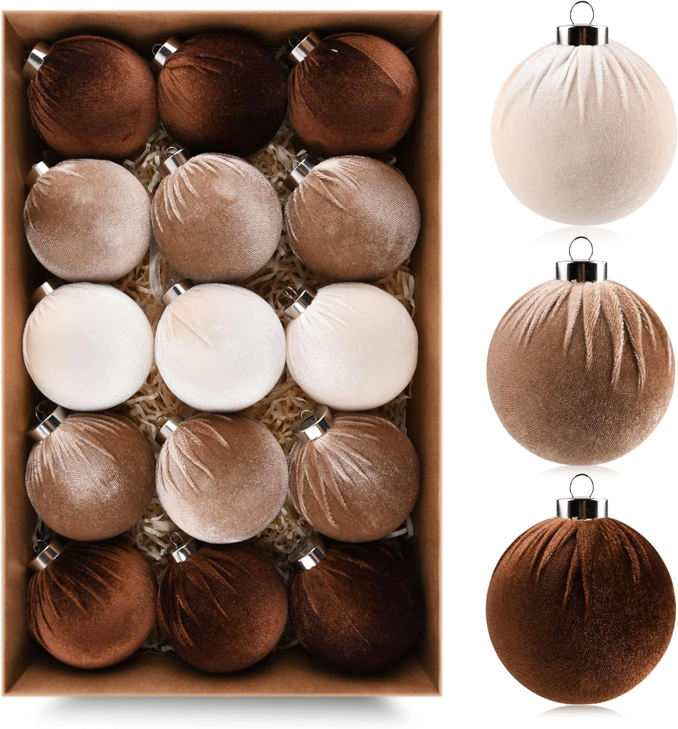 Brown Velvet Christmas Tree Ornaments - 15pcs Shatterproof Christmas Balls for Xmas Trees Decorations - Multicolor Brown Neutral Beige, 80mm 3.15inch | Amazon (US)