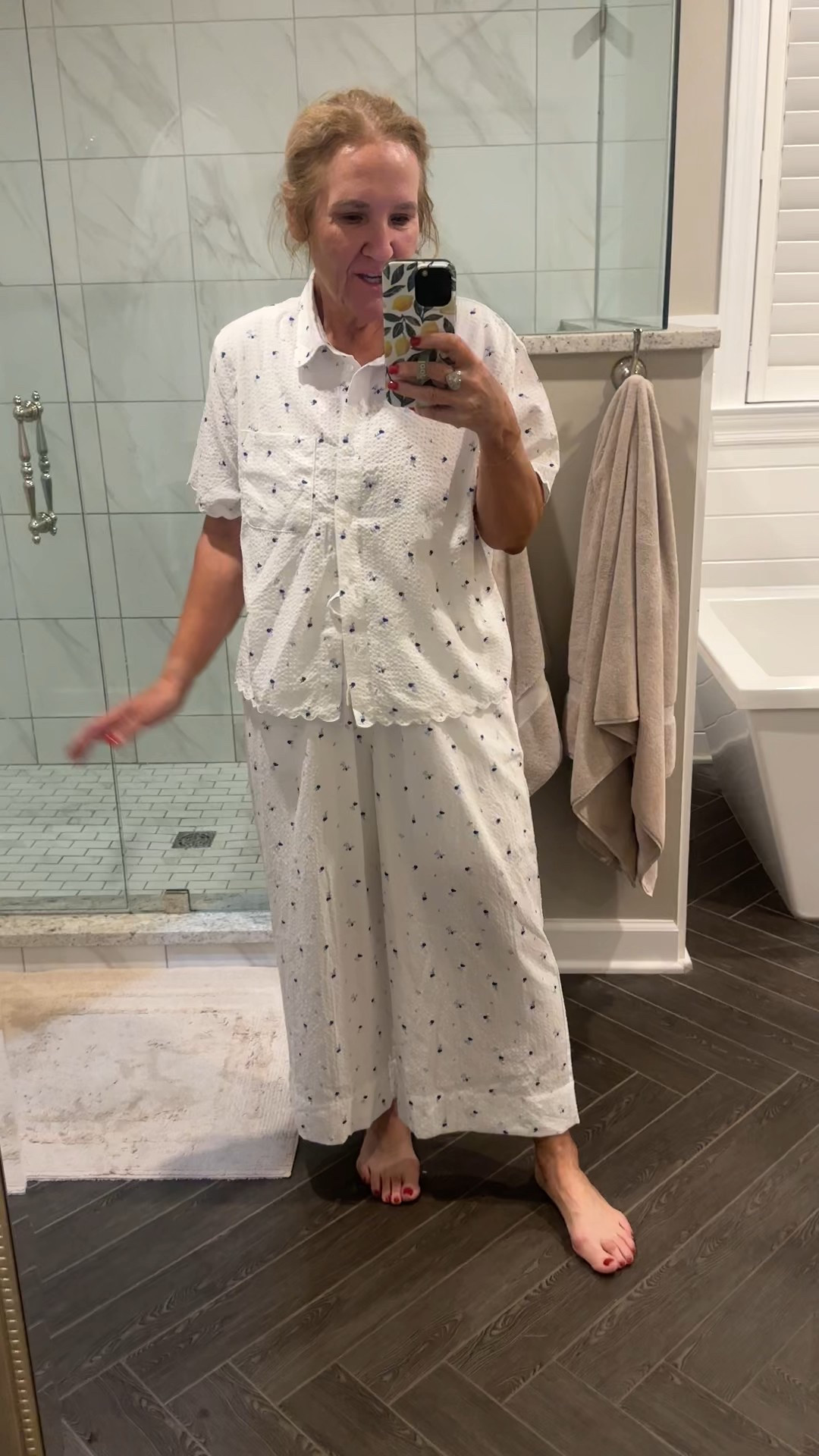 Target pajamas with scallop edge on the blouse and the sleeves. They’re true to size I did size up in the bottoms to a large just for a room or fit. Functional drawstring can cinch in the waist.

These would be really cute pajamas for getting ready for a wedding too.

#LTKOver40 #LTKFamily #LTKWedding
