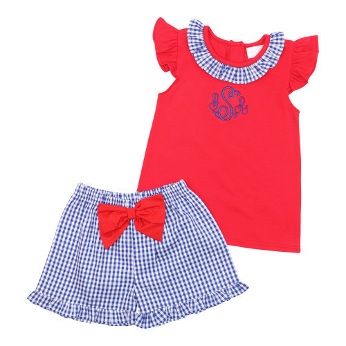 Red And Navy Check Bow Short Set - Shipping Mid-June | Cecil and Lou