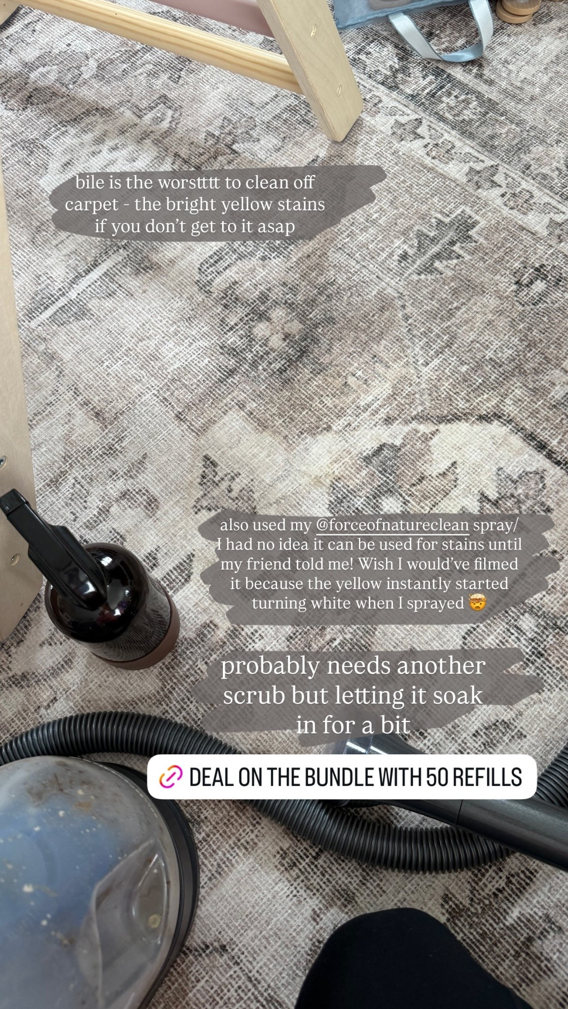 used the @bissel little green machine and my @forceofnatureclean spray on my rug after a dog accident / I had no idea the can be used for stains until my friend told me! Wish I would’ve filmed it because the yellow instantly started turning white when I sprayed 🤯  probably needs another scrub but letting it soak in for a bit  bile is the worstttt to clean off carpet - the bright yellow stains if you don’t get to it asap

#LTKHome #LTKmomlife #LTKdayinmylife