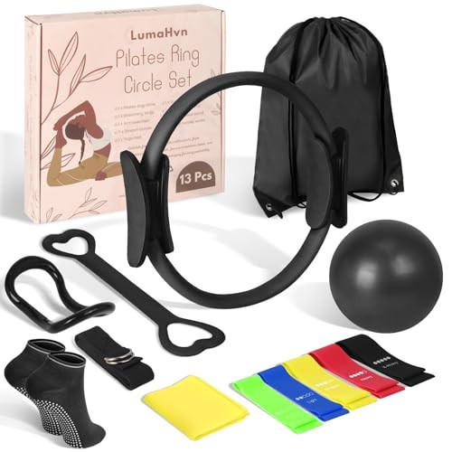 pilates ring circle set 13 pcs pilates equipment accessories for home workouts includes pilates ball 12” magic circle yoga ring and resistance bands for women pilates ring and ball set gift (Black) | Amazon (US)