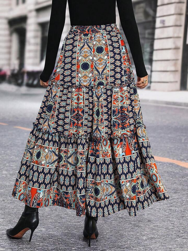 SHEIN LUNE Geo Print Ruffle Hem Skirt | SHEIN