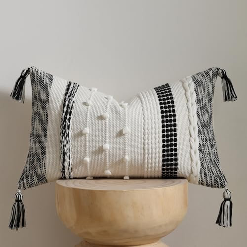 DEZENE Boho Lumbar Pillow Cover 12x20 Black - Handmade Woven Textured Throw Pillow Case with Cordings & Tassels, Decorative Accent for Couch Sofa Bed Farmhouse Living Room Bedroom Home Decor | Amazon (US)