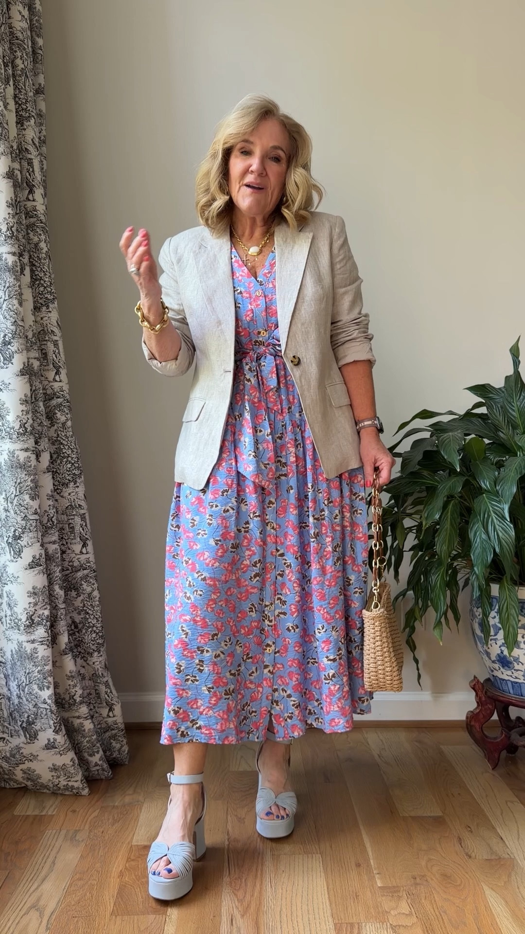 Dress size medium reg also comes in petite 
Linen blazer size medium 
Sandals tts and they’re fabulous 

Wedding guest graduation shower dress Sunday dress

#LTKSaleAlert #LTKOver40 #LTKWorkwear