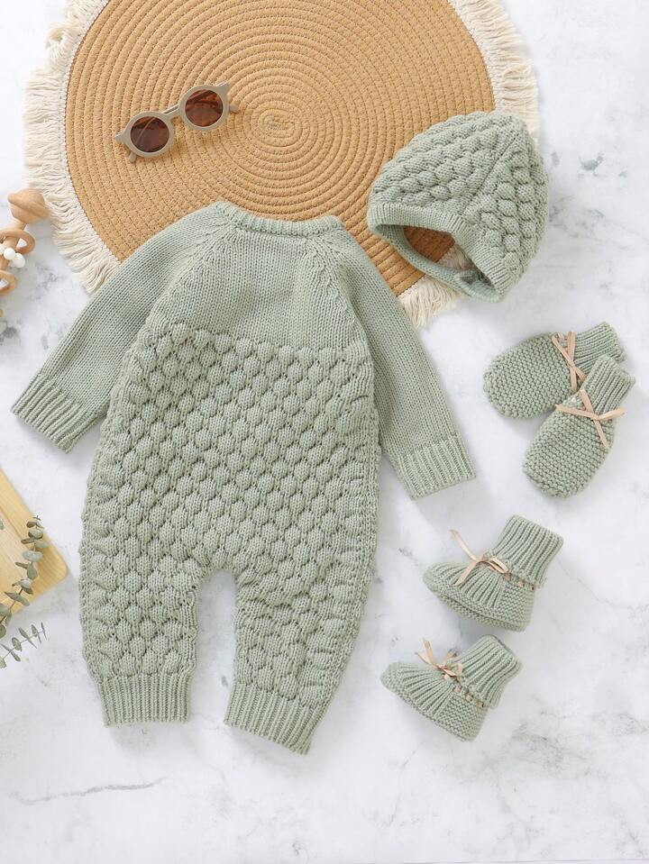 Baby Girl Raglan Sleeve Knit Jumpsuit & Hat & Shoes & Gloves Set | SHEIN