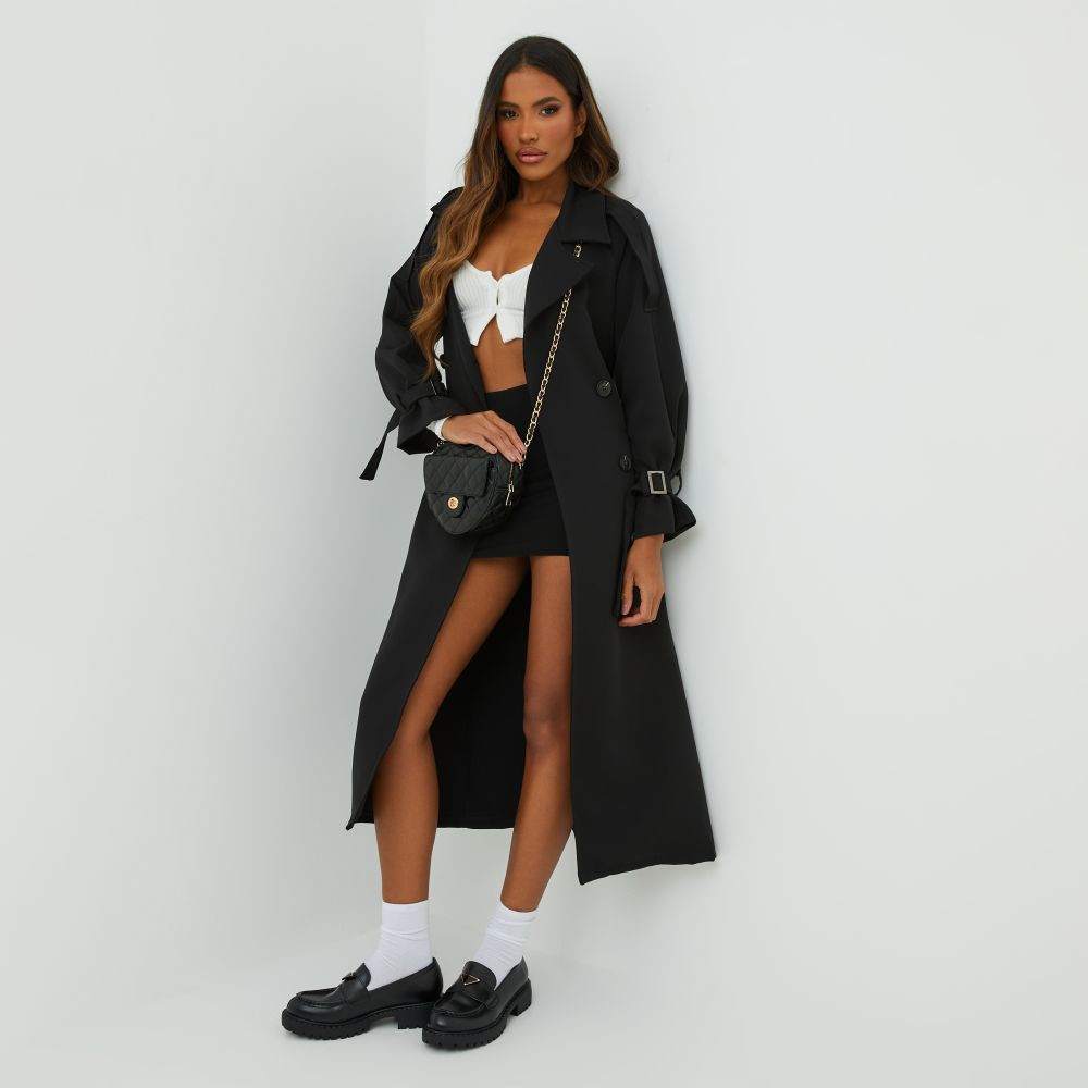 Button Detail Belted Trench Coat In Black | EGO (UK)