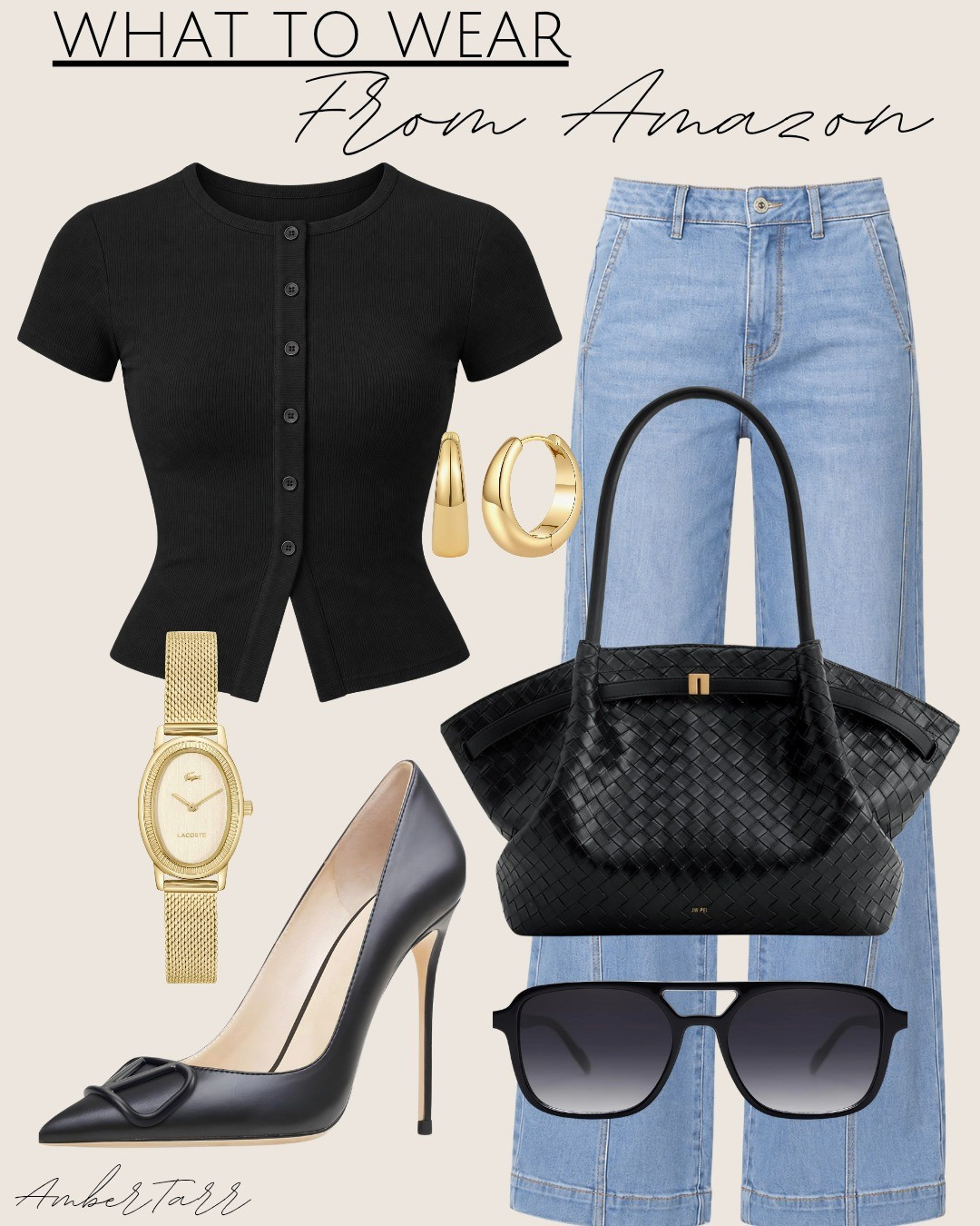This button front top paired with straight leg jeans, a woven tote bag, pointed toe heels, sunglasses, gold hoop earrings, and a gold watch is such a chic and effortless outfit that feels polished and put together.

#LTKOver40 #LTKgrwm #LTKootd