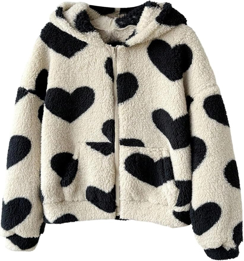 BEAUDRM Girl's Fuzzy Fleece Jacket Heart Graphic Long Sleeve Zip Up Warm Hooded Winter Teddy Coat... | Amazon (US)