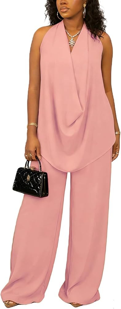 Vssjavun Women's Summer 2 Piece Outfits Cowl Neck Sleeveless Halter Tops and Wide Leg Pants Vacat... | Amazon (US)