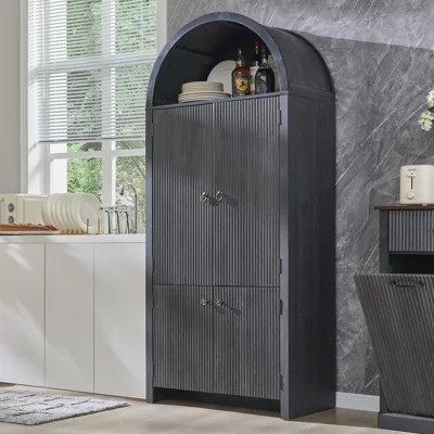 71 inch high arched kitchen pantry, modern wooden storage cabinets with door slots, equipped with open arched shelves | Wayfair North America