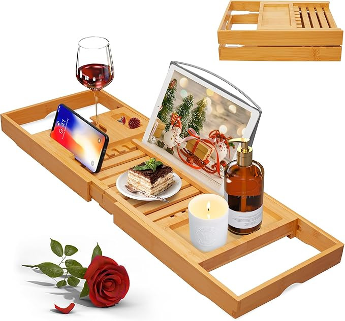 Artmalle Luxury Bathtub Caddy Tray for Tub - Foldable Bamboo Bath Table Tray with Book and Wine G... | Amazon (US)