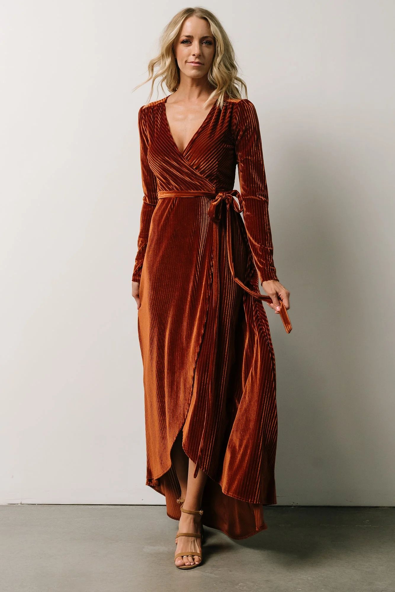 Jada Ribbed Velvet Wrap Dress | Copper | Baltic Born