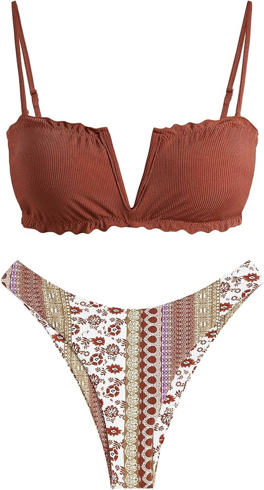 ZAFUL Women's Strapless Ribbed V Wired Lace Up Ruffle Tie High Cut Bandeau Swimsuits Bikini Set | Amazon (US)