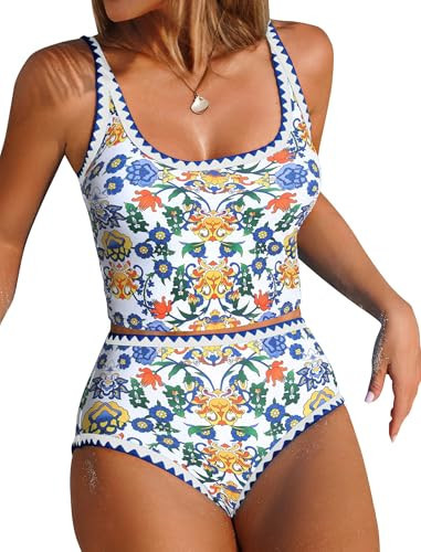 ZAFUL Tummy Control Bathing Suits Two Piece Swimsuits Floral Tankini Top with High Waisted Bottom Blue Yellow M | Amazon (US)
