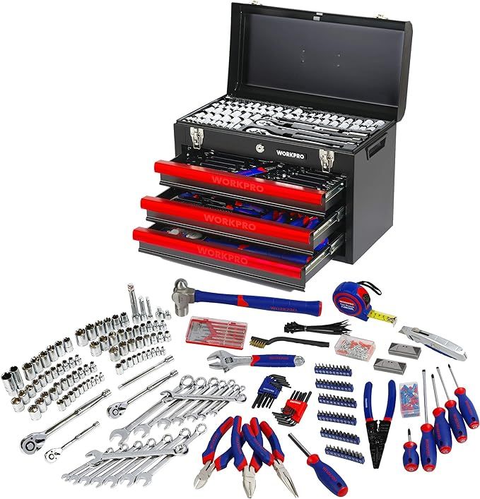 WORKPRO 408-Piece Mechanics Tool Set with 3-Drawer Heavy Duty Metal Box (W009044A) | Amazon (US)