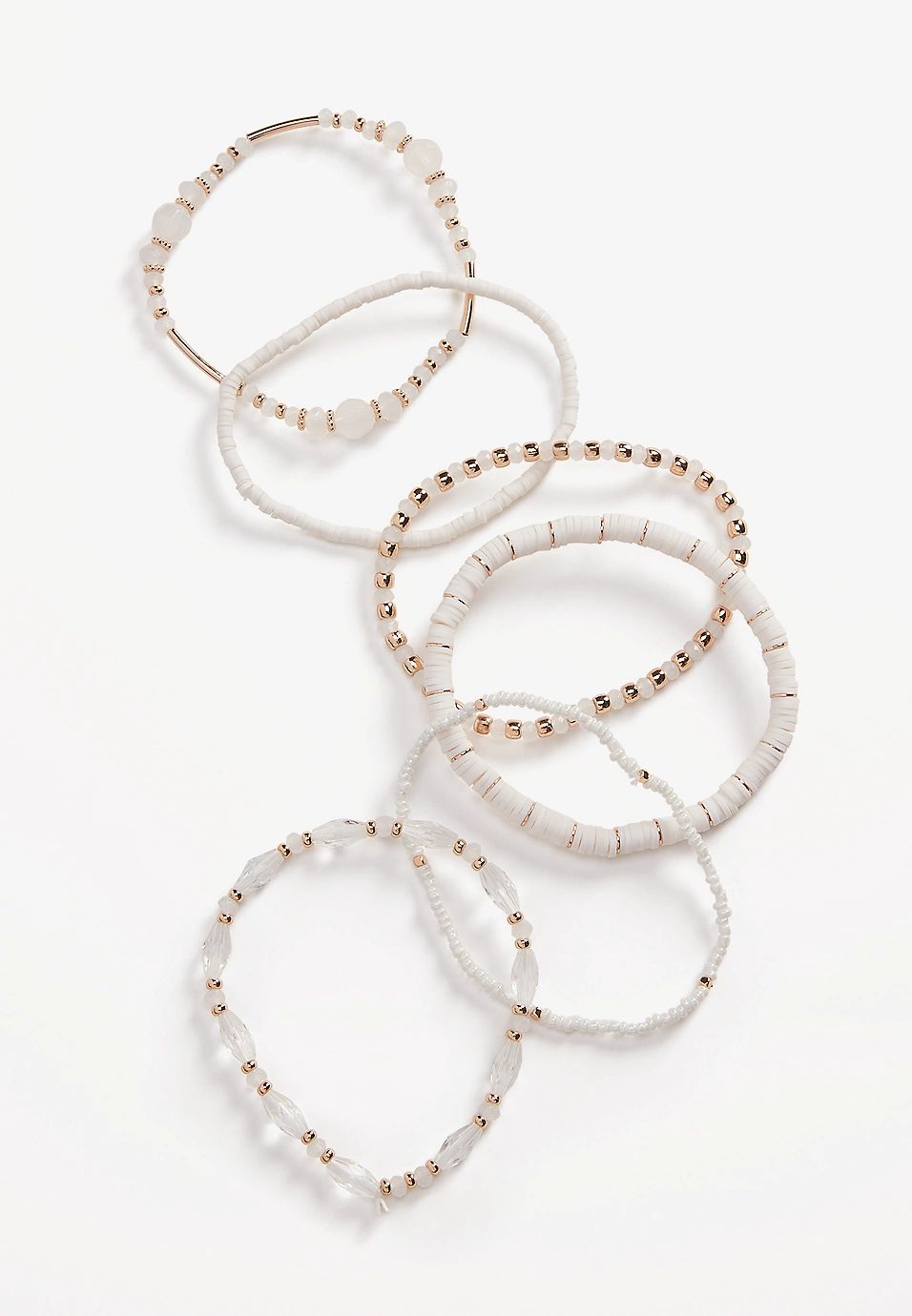 6 Piece White and Gold Beaded Stretch Bracelet Set | Maurices