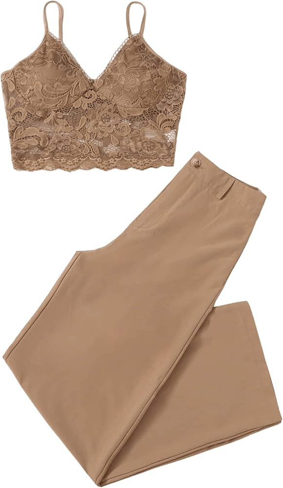 SweatyRocks Women's 2 Piece Outfits Floral Lace Crop Cami Top and Pants Set | Amazon (US)