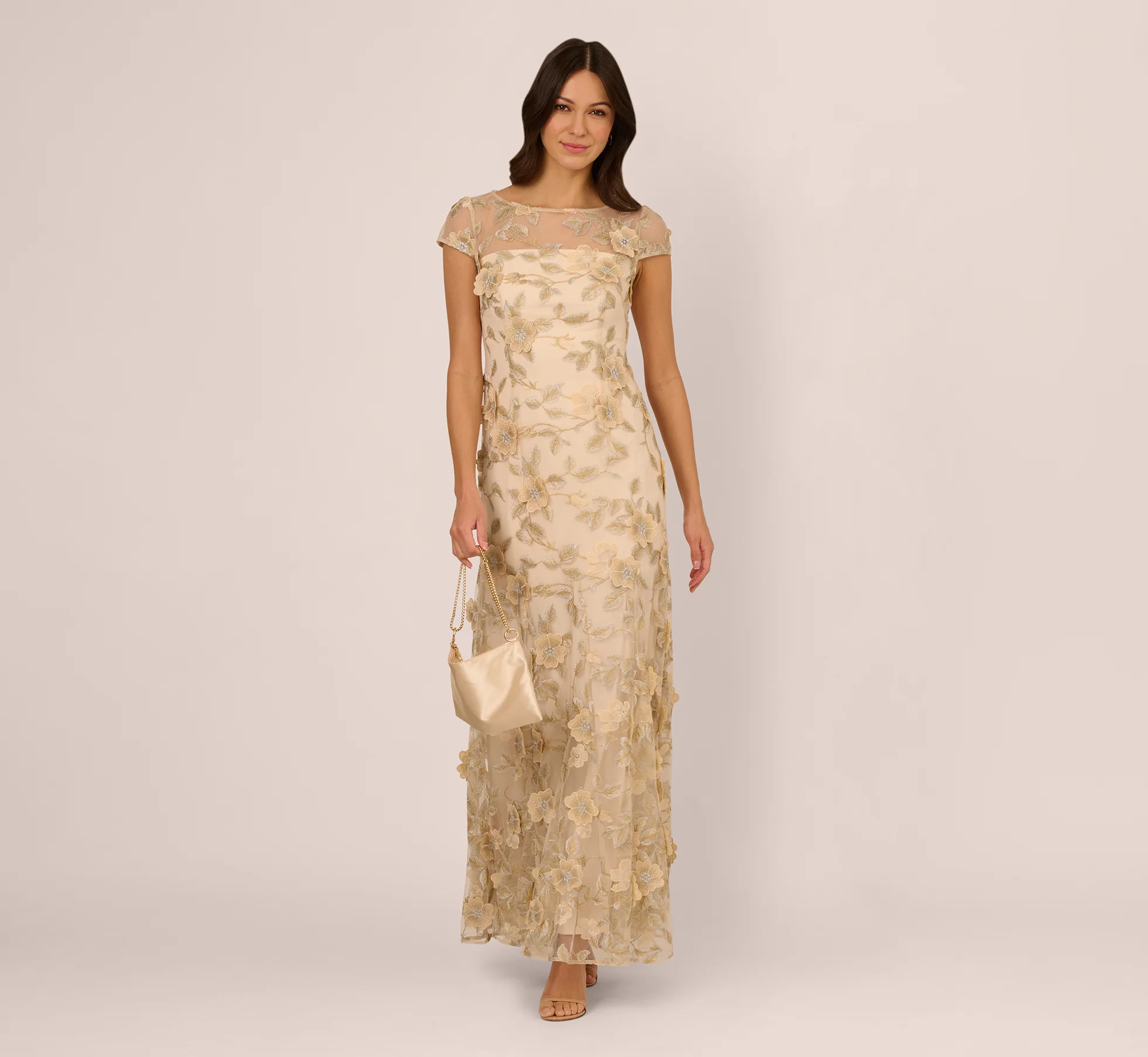 Cap Sleeve Floral Embroidered Illusion Godet Gown In Champagne | Adrianna Papell