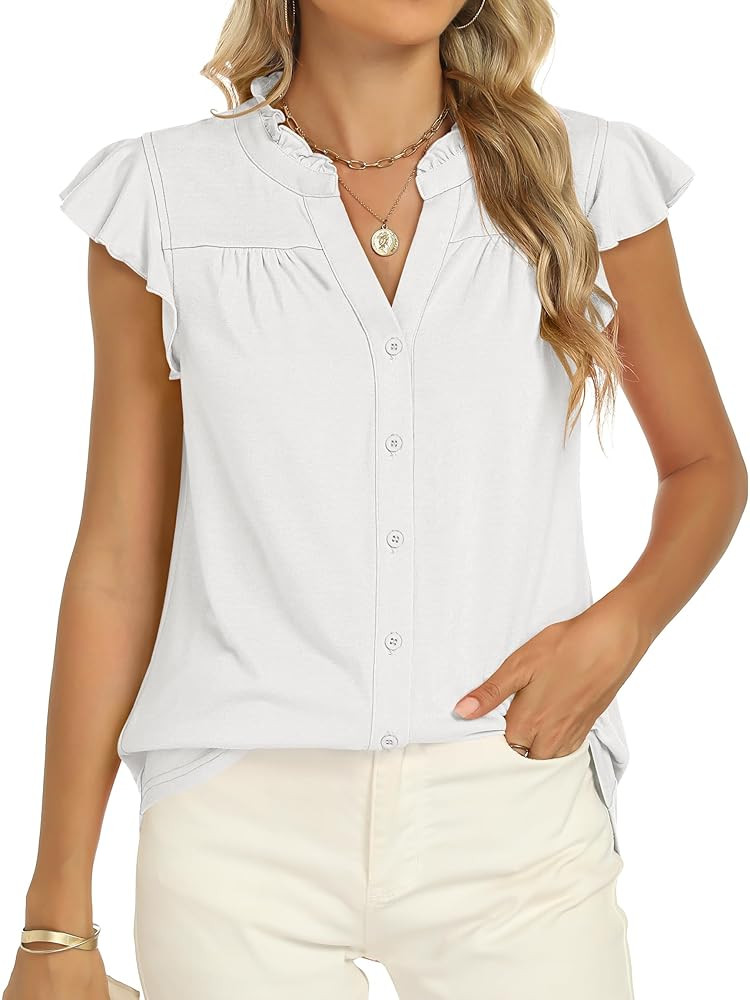 ANRABESS Womens Dressy Casual Button Down Shirts Ruffle Cap Sleeve V Neck Elegant Business Work T... | Amazon (US)