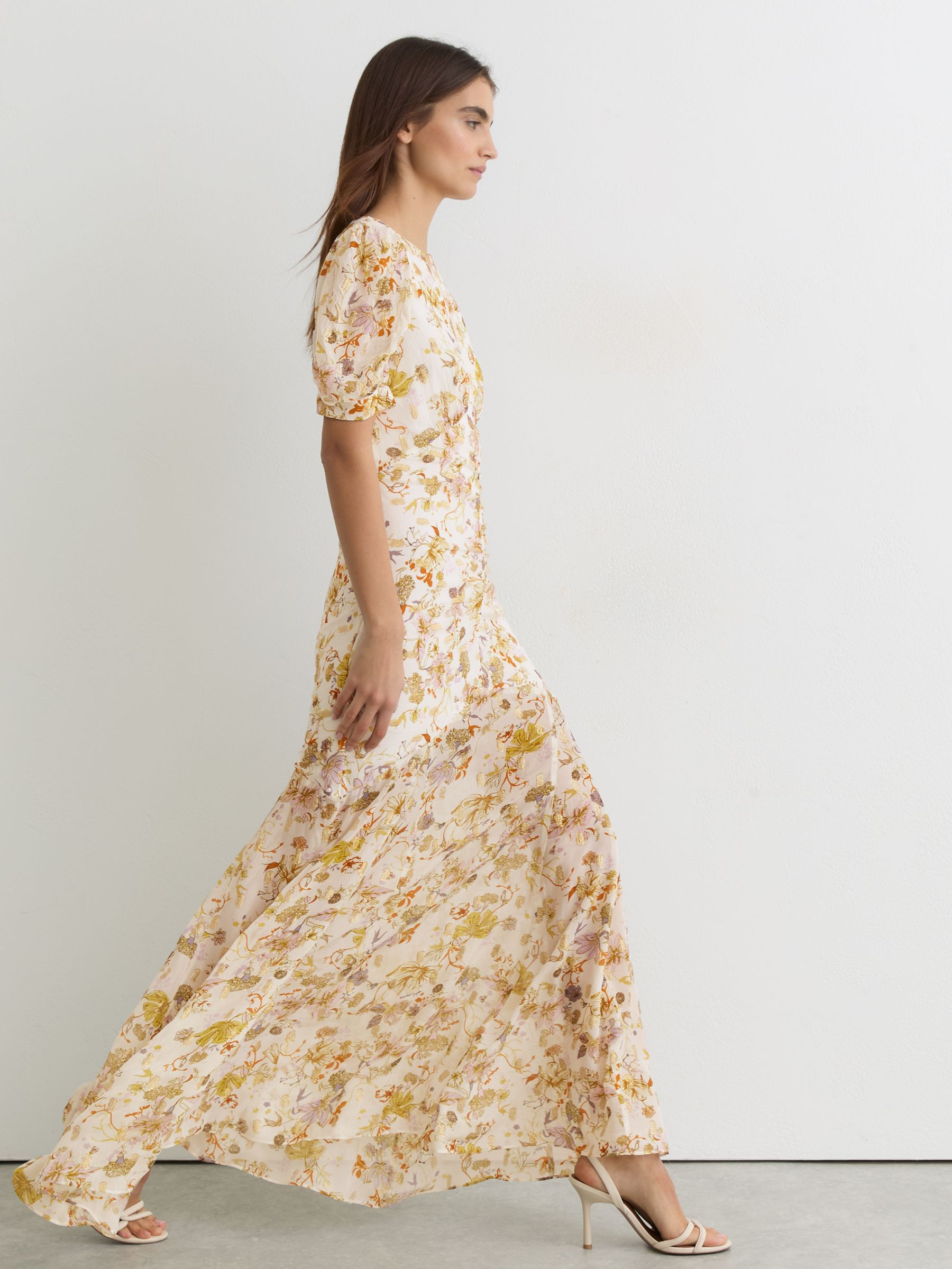 Floral-Print Metallic-Thread Maxi Dress in Ivory | Reiss UK