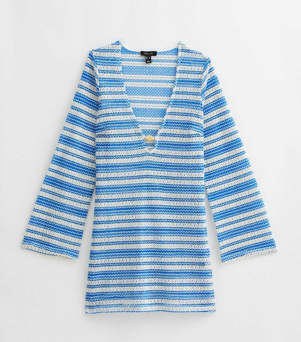 Blue Striped Crochet Kaftan Beach Cover Up Dress | New Look | New Look (UK)