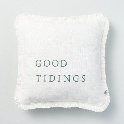 14" x 14" Good Tidings Embroidered Seasonal Throw Pillow Green/Cream - Hearth & Hand™ with Magn... | Target