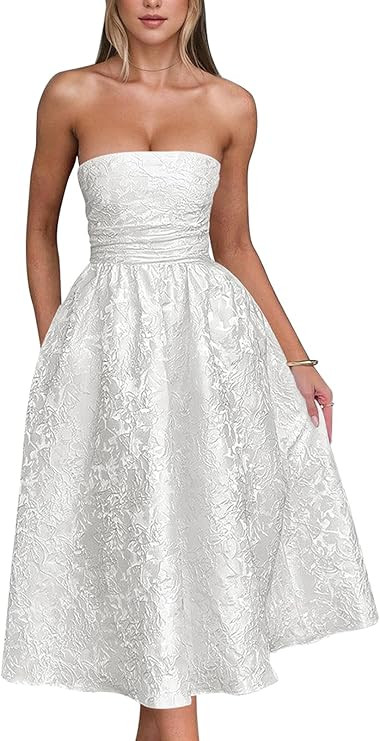 Strapless Tea Length Prom Dresses for Women 2025 Jacquard Satin Evening Party Gown A Line Corset ... | Amazon (US)