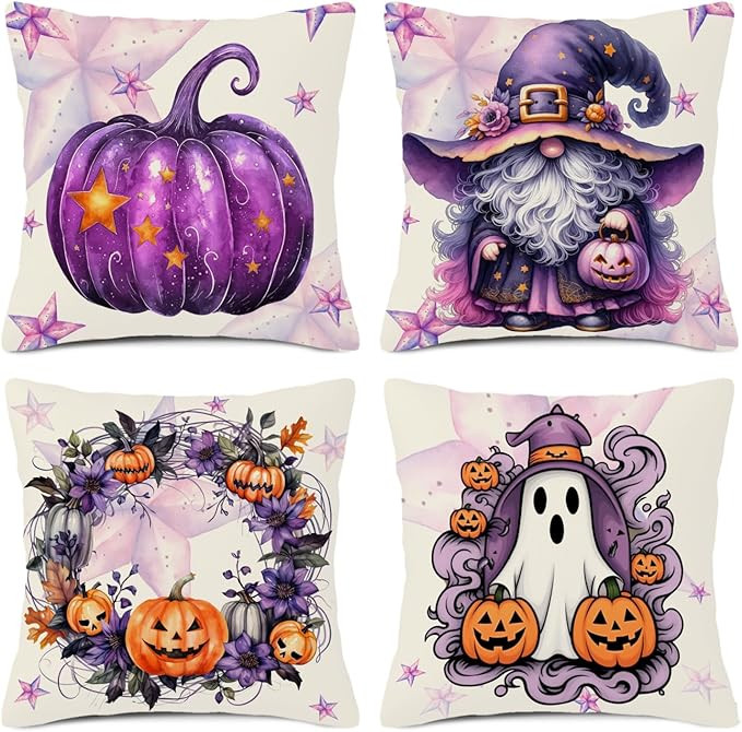 Halloween Pillow Covers 18x18 Inch Set of 4 Cute Ghost Spooky Decorative Linen Pillowcase Purple ... | Amazon (US)