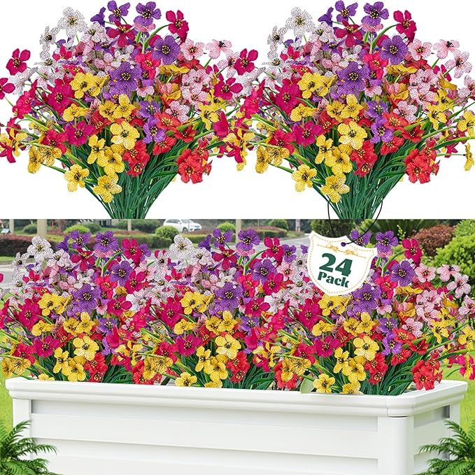 24 Pcs Artificial Flowers for Outdoor,Plastic Flowers Decoration, UV Resistant Faux Flowers Shrub... | Amazon (US)