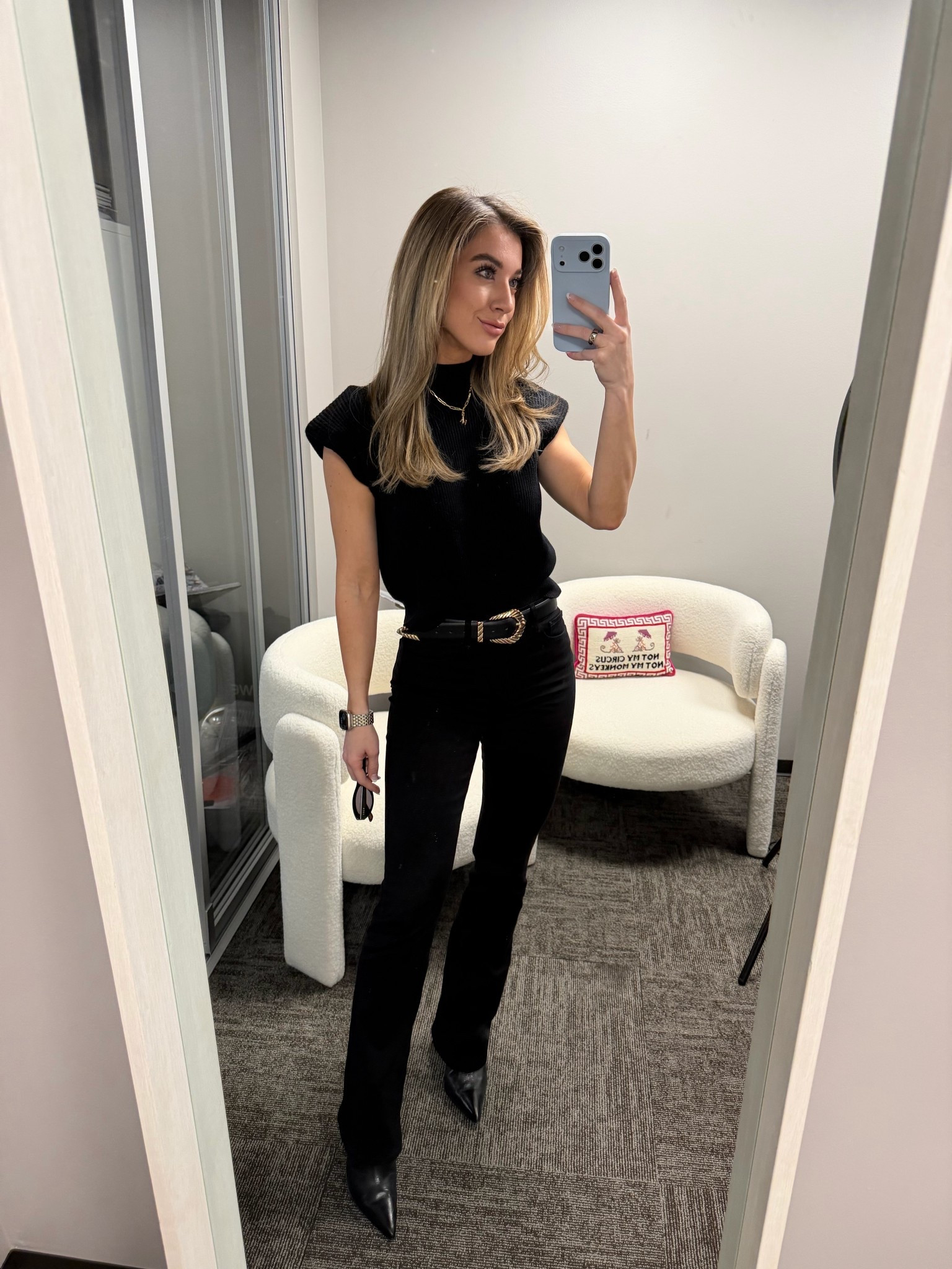all black is always a good idea 🖤 

a monochromatic look instantly feels elevated esp when mixing high & low pieces.

linking these black bootcut jeans that are truly flattering on every figure / stretchy / true to size. 

grabbed this pair at Nordstrom (complimentary alterations with a Nordstrom card is always a win).

also linking go-to Revolve belt that I wear on repeat + the famous Amazon sweater under $30 that I own in multiple colors.

happy hump day 🥂 