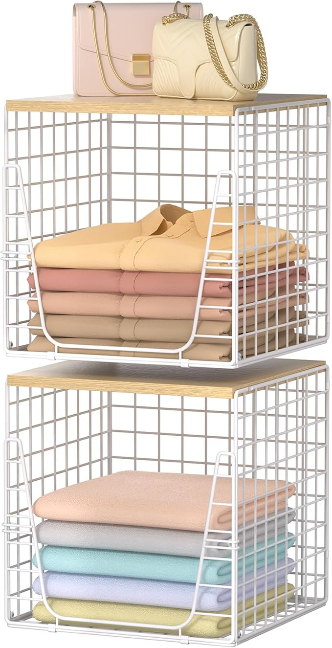 2PCS Closet Organizers and Storage - Stackable Closet Basket with Wood Top Shelf, Clothes Storage... | Amazon (US)