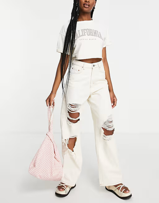 ASOS DESIGN high rise 'relaxed' dad jean in ecru with extreme rips | ASOS (Global)