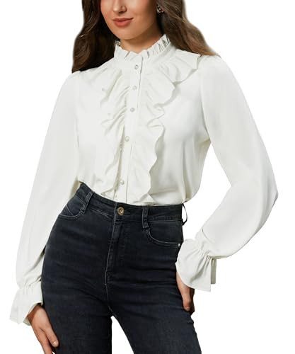 White Victorian Blouses for Women Dressy Casual Work Tops Chiffon Ruffle Renaissance Shirt White 2XL | Amazon (US)