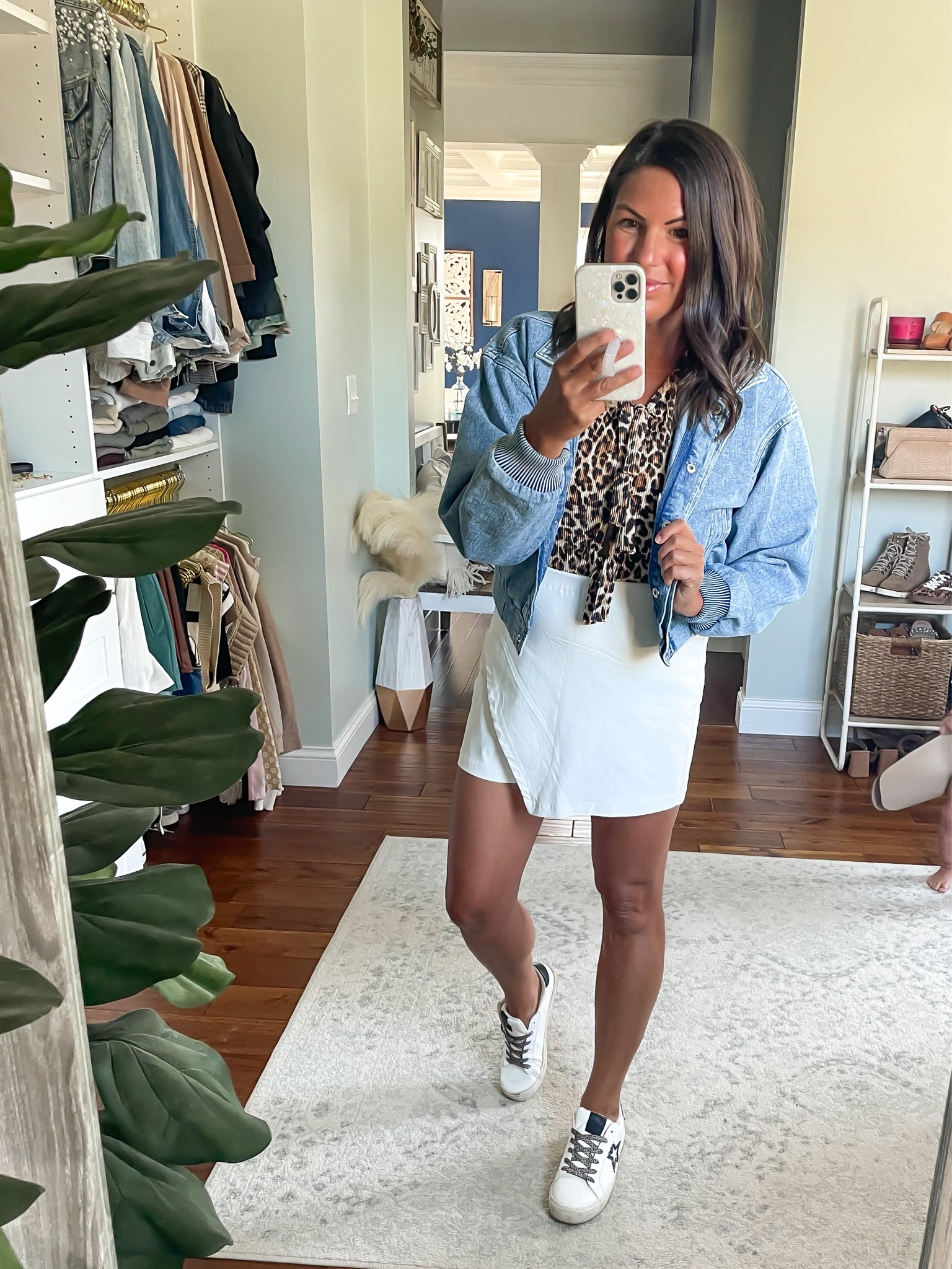 Leopard print tie front top
White skirt
Denim bomber jacket 

#LTKSeasonal #LTKFindsUnder50 #LTKStyleTip