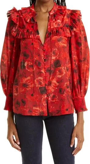 Alice + Olivia Floral Print Ruffle Cotton & Silk Blouse | Nordstrom | Nordstrom